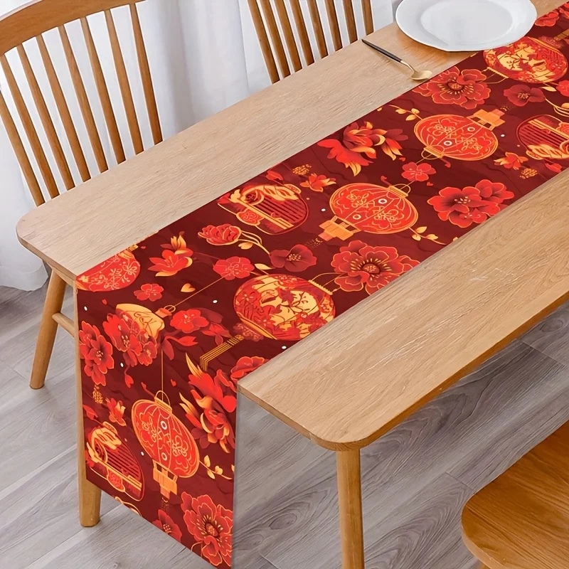 Chinese Lunar New Year Red Lantern Linen Table Runner Party Decor Reusable Kitchen Dining Table Runner New Year Decorations