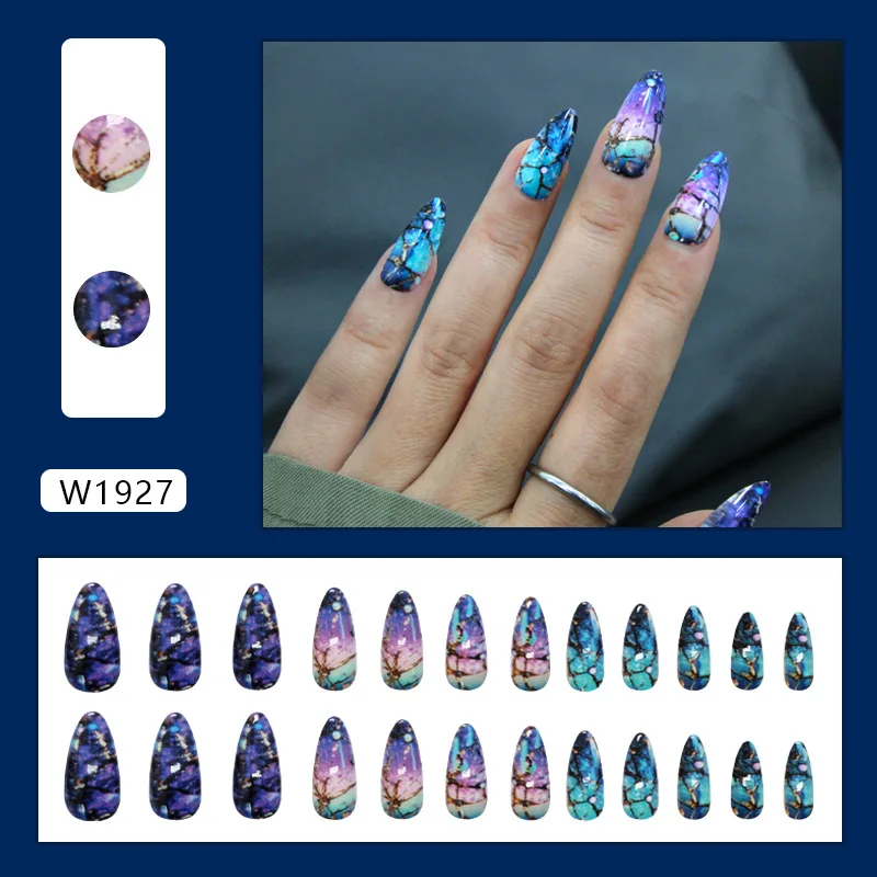 

24pcs Cosmic Press-On Nails - Galaxy Purple & Blue Medium Almond Shape (Multi Sizes) False Nails Detachable Finished Nail Tips