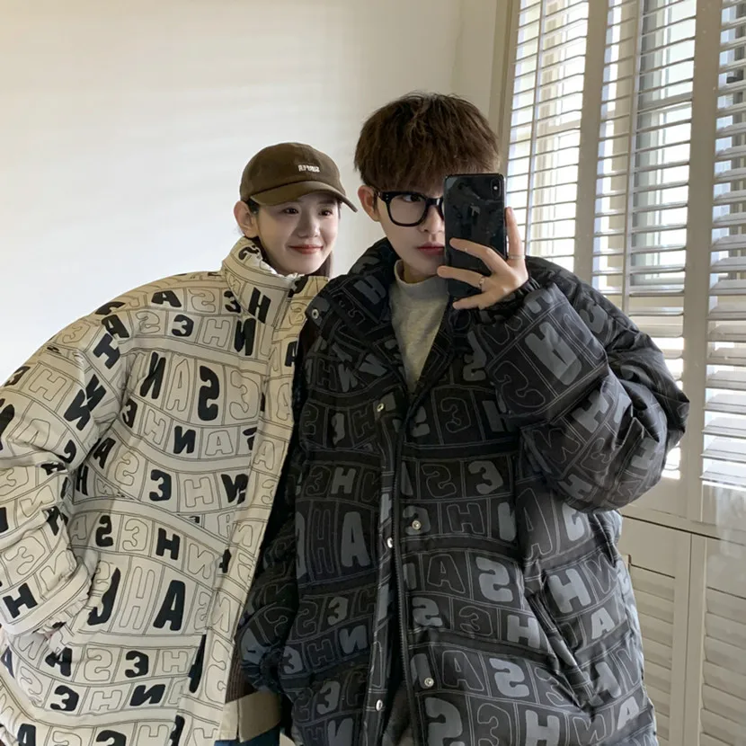 

Утепленная хлопковая куртка для пар с принтом, теплая зимняя верхняя одежда, молодежная повседневная свободная куртка из полиэстера