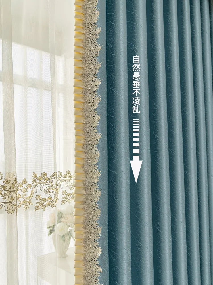 Custom light luxury Nordic baby blue blackout bay window floor curtain  cloth blackout curtain tulle valance drape C1849