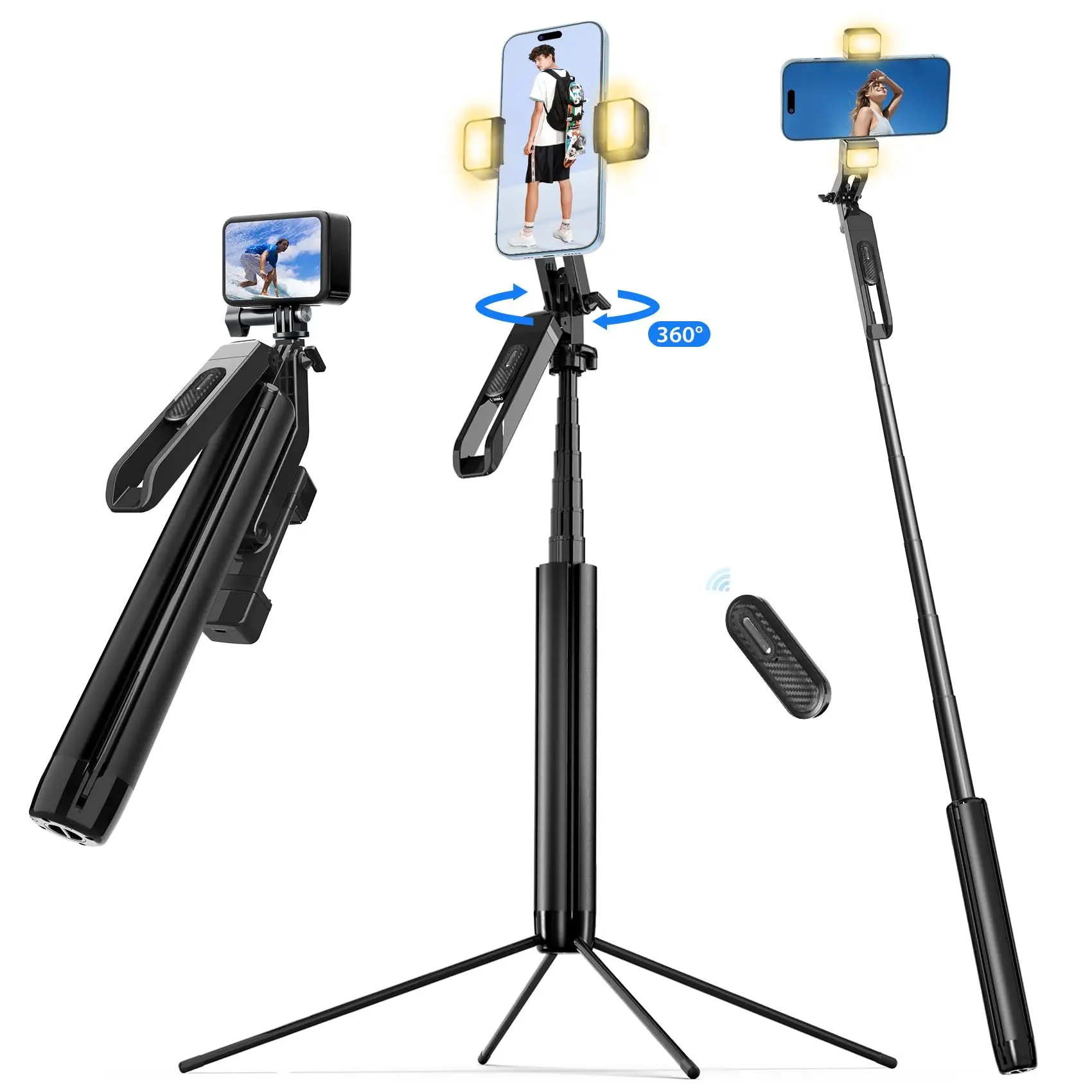 P530 Black Selfie Stick 185cm Anti-Shake Cell Phone Tripod Aluminum Tripod with Remote & Video Balance Handle & 1/4 Screw