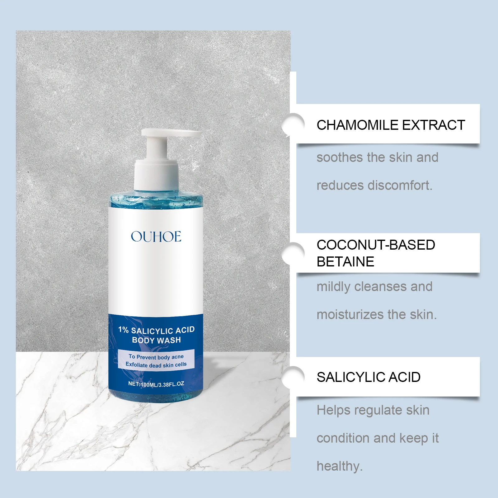 OUHOE 100 مل جل الاستحمام بحمض الساليسيليك لتنظيف المسام بعمق ويزيل خلايا الجلد الميت يجعل البشرة أكثر سلاسة وناعمة والانسداد