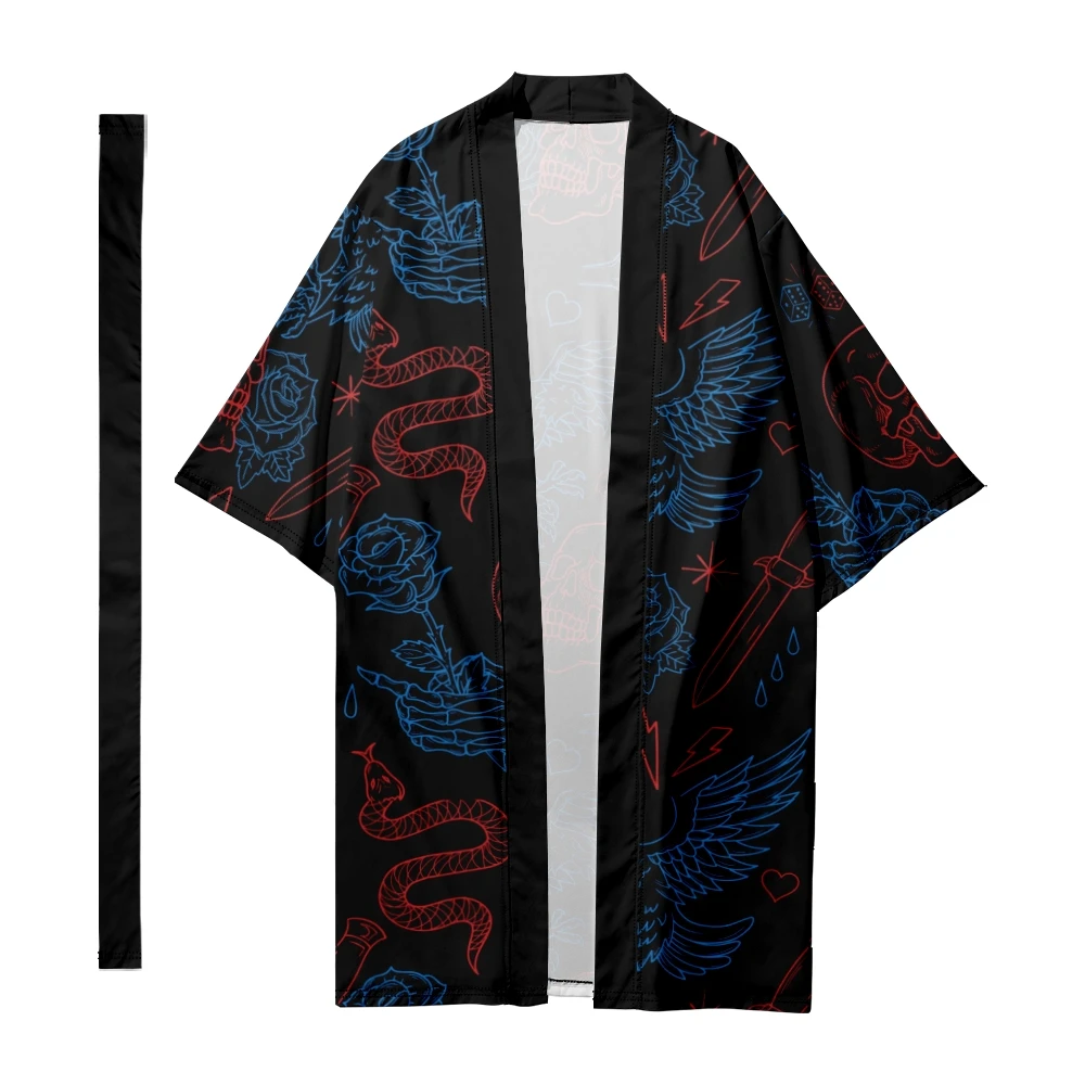 

Men's Japanese Traditional Skull pattern Stripes Long Kimono Cardigan Samurai Bathrobes Kimono Shirt Yukata Jacket 3