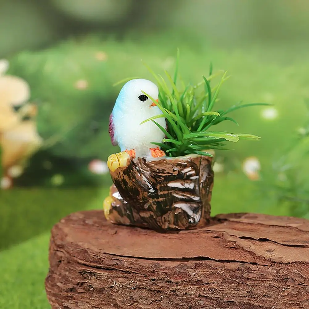 Statue Miniature Fairy Garden Accessory Set Resin Tree Stump Figurine with Bird Artificial Plants for Diy Moss Terrariums Home