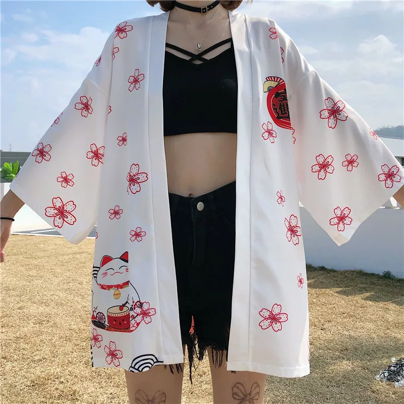 Nowy 2020 biały czarny kot na szczęście luźny letni sweter plażowy kobiety Harajuku japońskie Kimono Style topy bluzka odzież