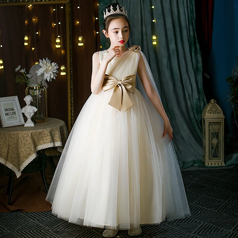 Flower Girls Formal Tutu Dress Canonicals 2024 New Wedding Catwalk Elegant Mesh Bow Piano Children'S Performance  Host Costume