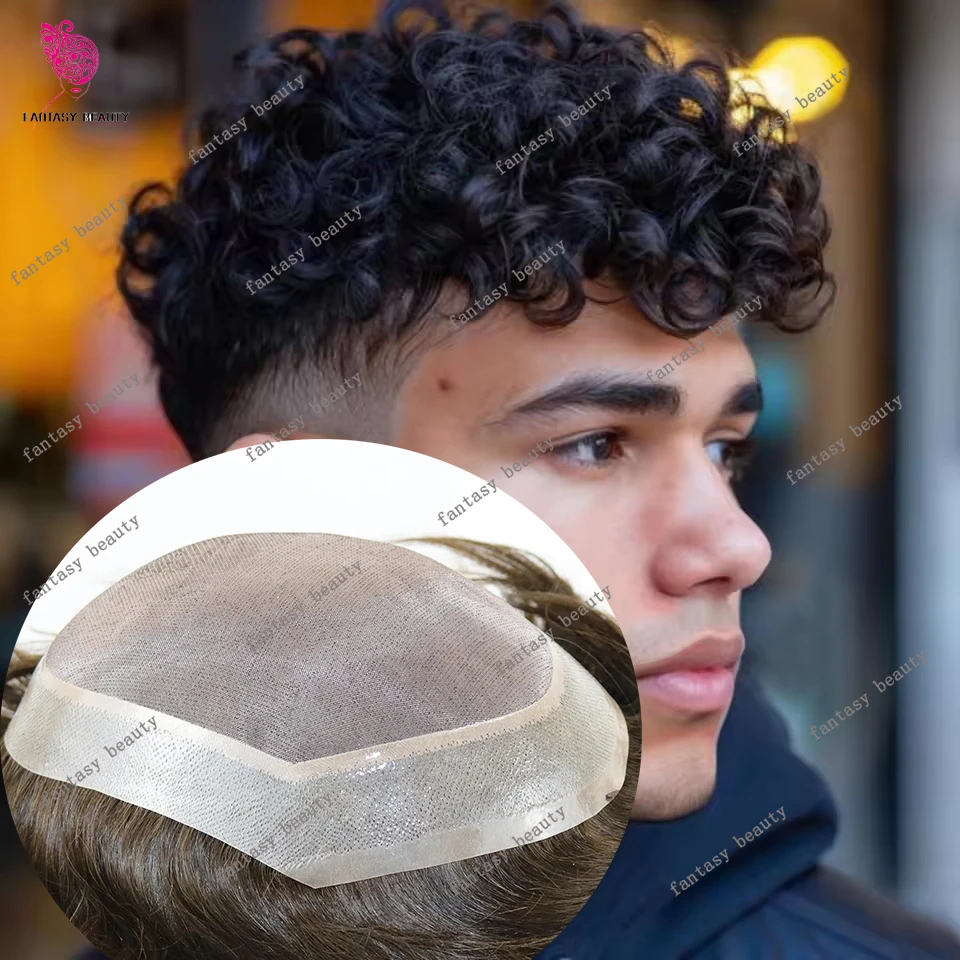 

Natural Frontline Afro 18mm Curly Men Toupee Undetectable PU System European HumanHair 24mm Wave Curl Prosthes Durable Fine Mono