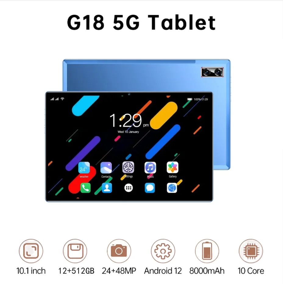 Global Edition 2024 New Tablet G18 Android 12 16GB RAM 512GB ROM 10.1-inch Bluetooth5.0 5G Dual SIM Travel Lightweight Tablet PC