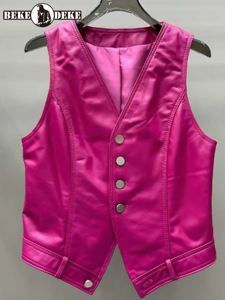 Leisure Style Genuine Leather V Neck Single-Breasted Handmade Vest Straight Sheepskin Sleeveless Solid Color Female Outerwear