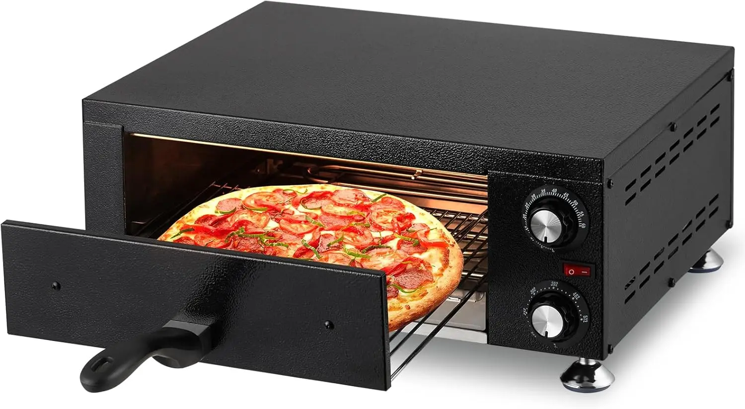 Countertop Pizza Oven, 1100W Stainless Steel Electric Pizza Cooker, Indoor Pizza Maker with Timer and Crumb Tray, Single Deck La