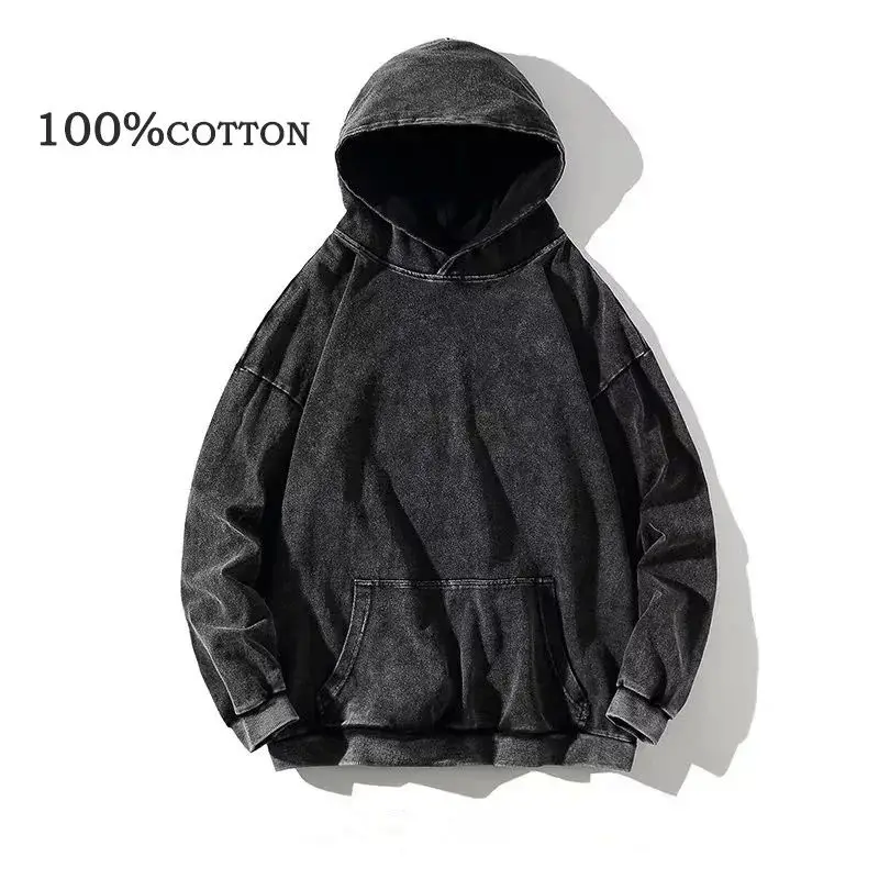 HAI Customizable Retro Washed Hoodie 100% Cotton Women\'s Top Black Acid Retro Hooded Sweatshirt Plus Size Hip Hop Men\'s Jumper