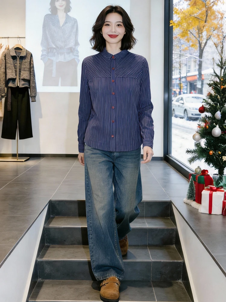 

Женская приталенная полосатая рубашка с длинным рукавом и воротником-стойкой, повседневная, весна 2026, новинка, модная