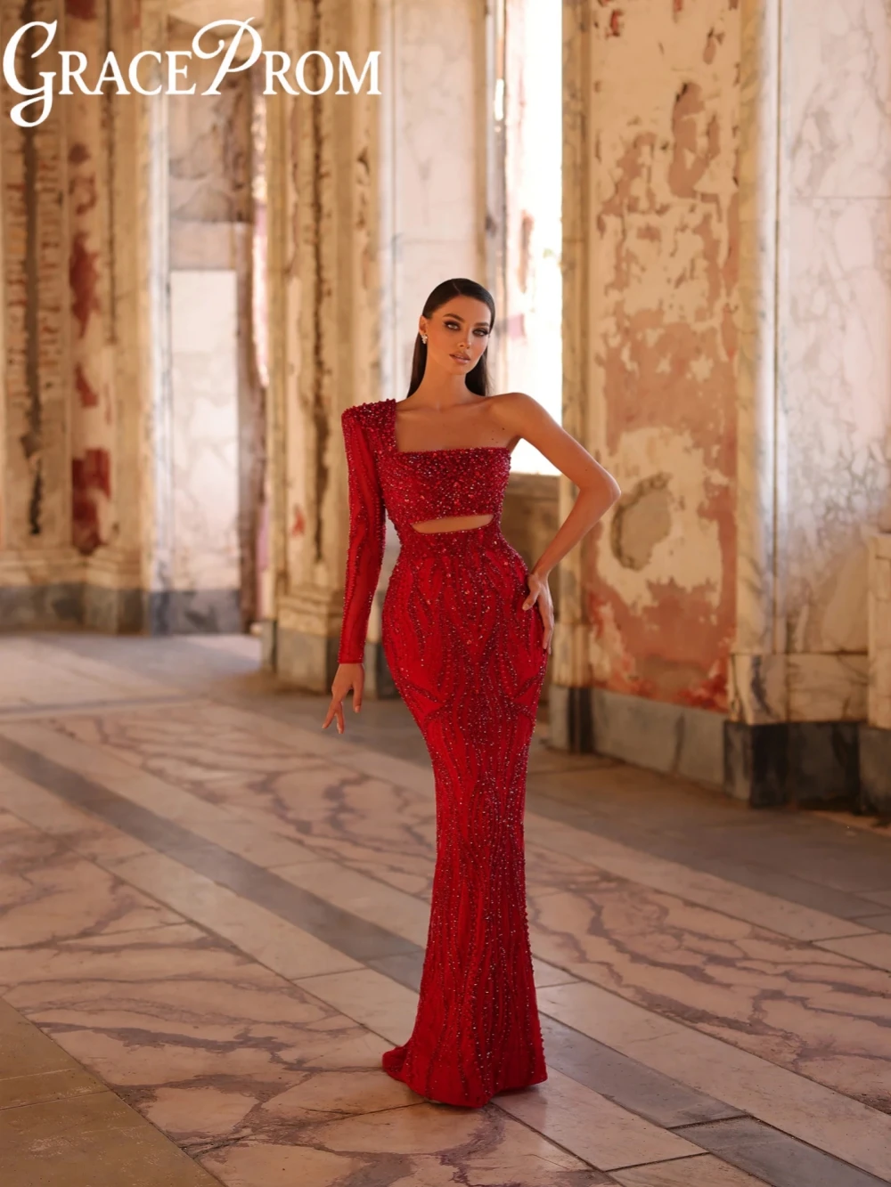 Exquisito vestido de noche largo con perlas y cuentas rojas, elegante vestido de fiesta de boda con un hombro, vestidos de graduación con vaina brillante personalizados