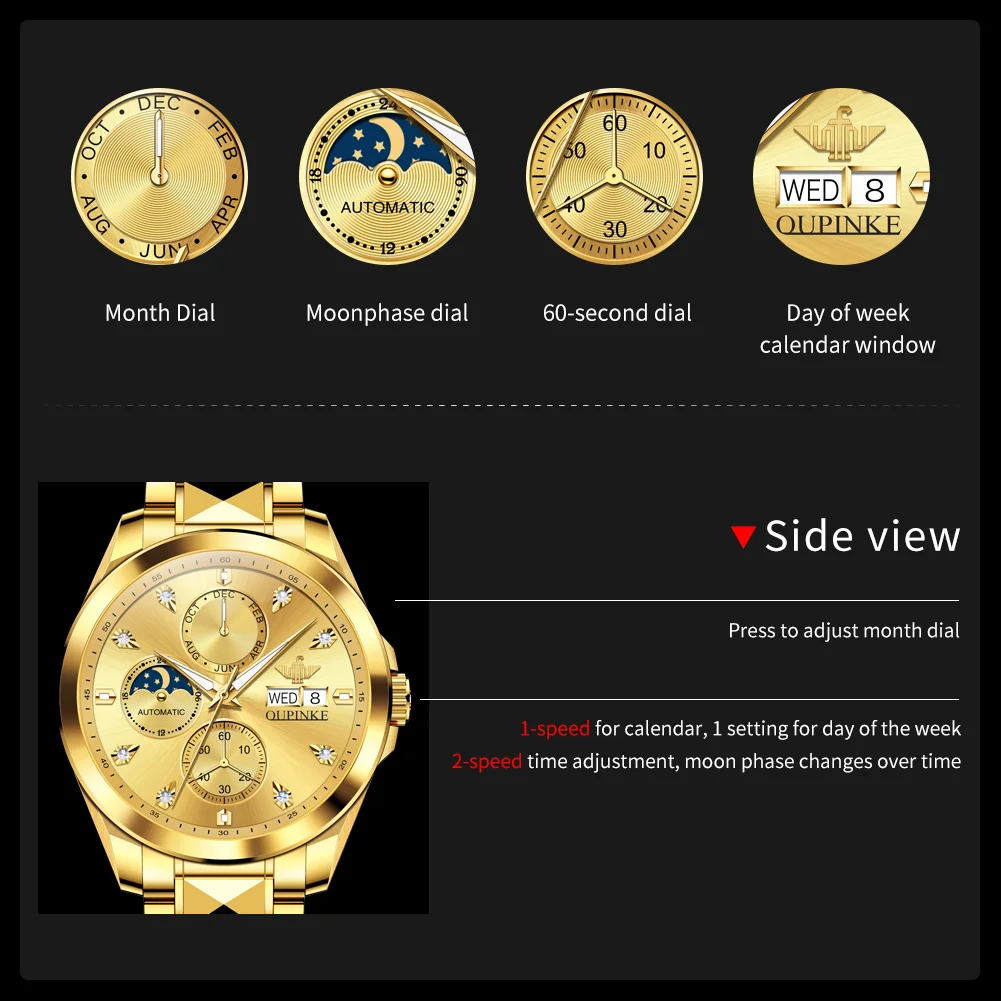 OUPINKE 3298 Full Automatic Mechanical Men\'s Watch Original Brand Deep Waterproof Multifunction NEW Dress Man Gold Hand Clock