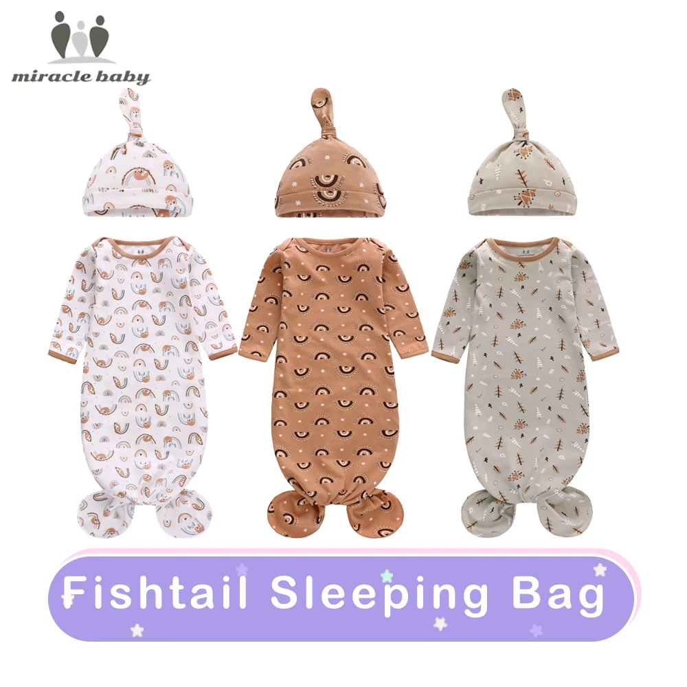 Knotted Baby Gown Long Sleeve Baby Sleeping Bags Super Soft Stretchy Nightgowns Newborn Sleepwear with Hat Set for 0-12 Months