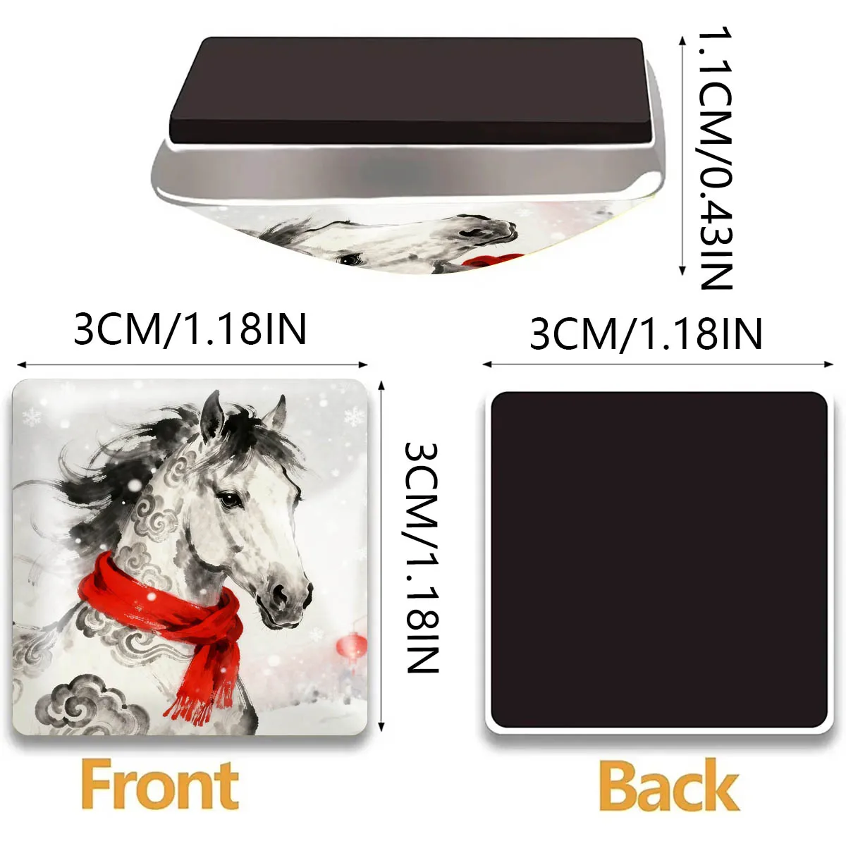 1PC 30MM Square Chinese Style Ink Painting of Horses Glass Refrigerator Sticker Horse Home Decoration Horse Lovers Gifts