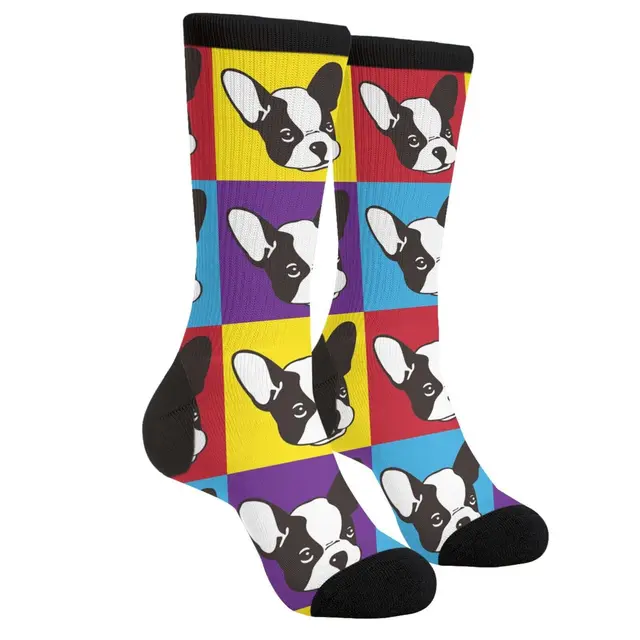 Cartoon Boston Terriers French Bulldog Face Dog Head Vintage Casual Funny Funky Novelty Skarpetki Dla Mężczyzn Kobiet