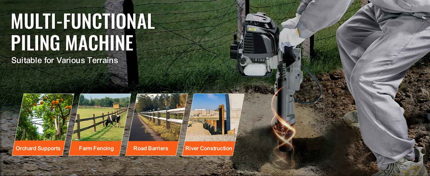 SucceBuy 37.77cc Gas-Powered T Post Driver 4-Stroke Engine Piling Pounder 2 Post Driving Head(55/70mm) 1000W Portable Piledriver