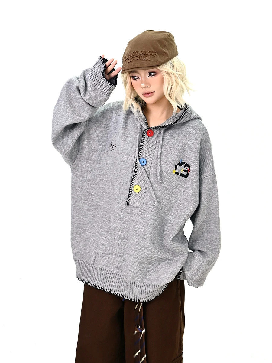 

Button Hooded Sweater Women's Loose BF American Lazy Knitted Top Street Sle Long Sve Warm Thermal Regular Fit