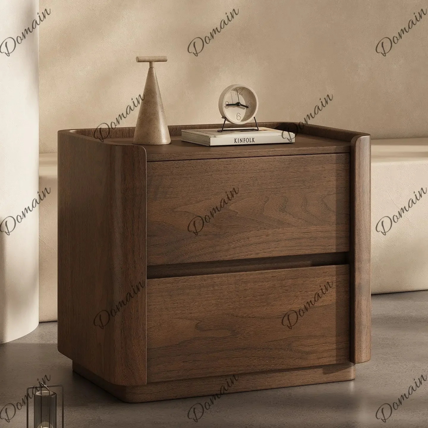 Th Full Wrap Round Corner Dark Walnut Double Drawer Nightstand Arc Anti-Collision Minimalist Solid Wood Bedside Cabinet