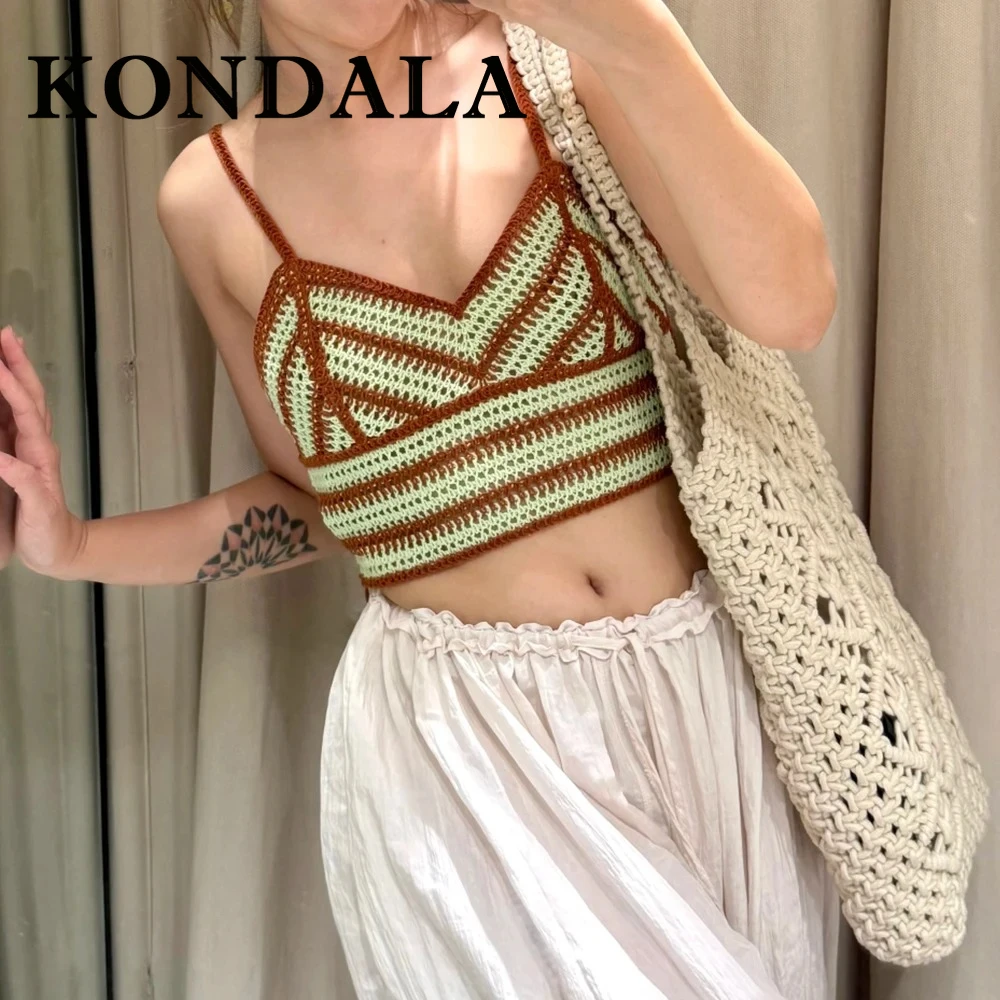 

KONDALA шикарные повседневные модные вязаные крючком женские костюмы 2025 года, короткая рубашка в полоску + мини-шорты на шнуровке, винтажные праздничные винтажные комплекты Mujer