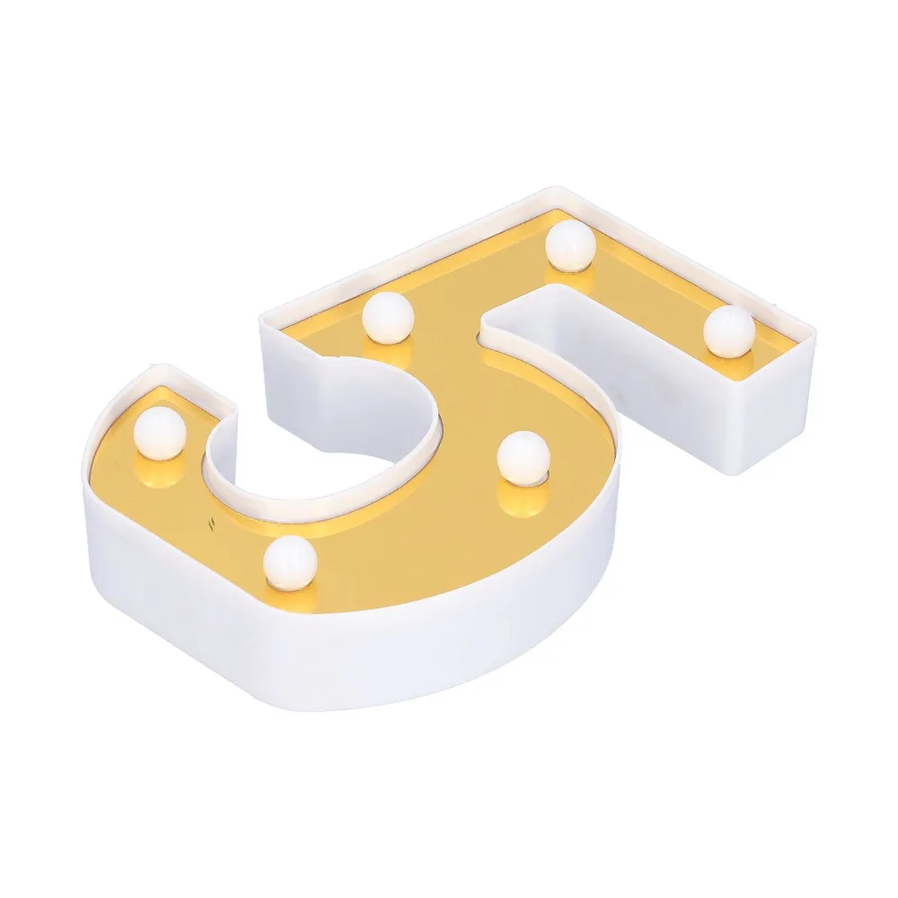 Elegant Number 5 Number Sign Lamp Gold Mirror-Finish Battery Powered Marquee LED Light Glitter Warm White Neon Sign Light Home