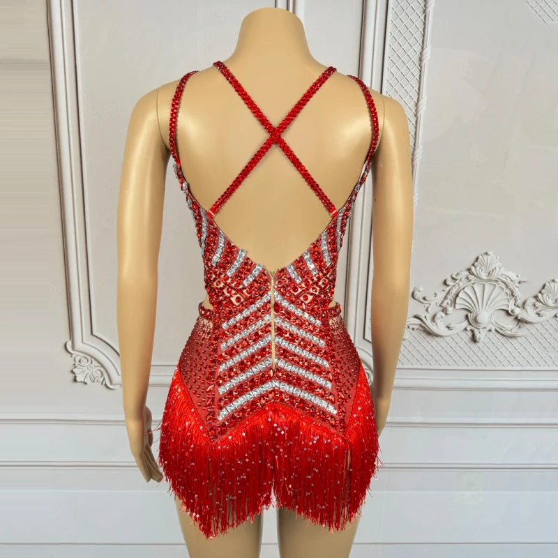 ドラッグクイーン衣装女性グループジャズダンス衣装赤いラインストーンフリンジボディスーツナイトクラブ Ds Dj パーティードレスゴーゴー着用 XS9519