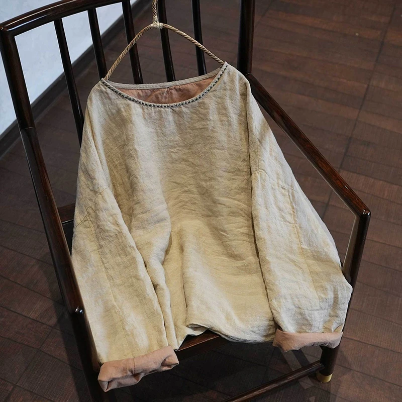 

Новинка 2026: Женские льняные футболки с длинным рукавом, весенний винтажный стиль, однотонные, свободного кроя, повседневные топы M2339