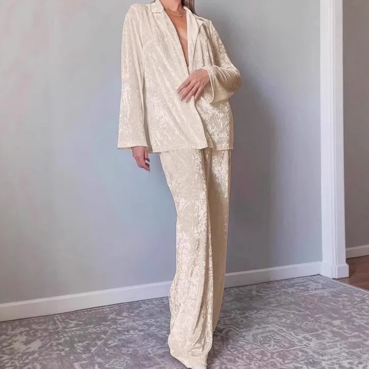 Women's Long Sleeve Long Pants Pajama Turn Down Collar Medium Weight Breathable Stretch European American Style Home Hotel Wear