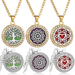 Golden Aromatherapy Necklace Diffuser Jewelry Tree Rhinestone Perfume Scent Aroma Locket Pendant Essential Oil Diffuser Necklace