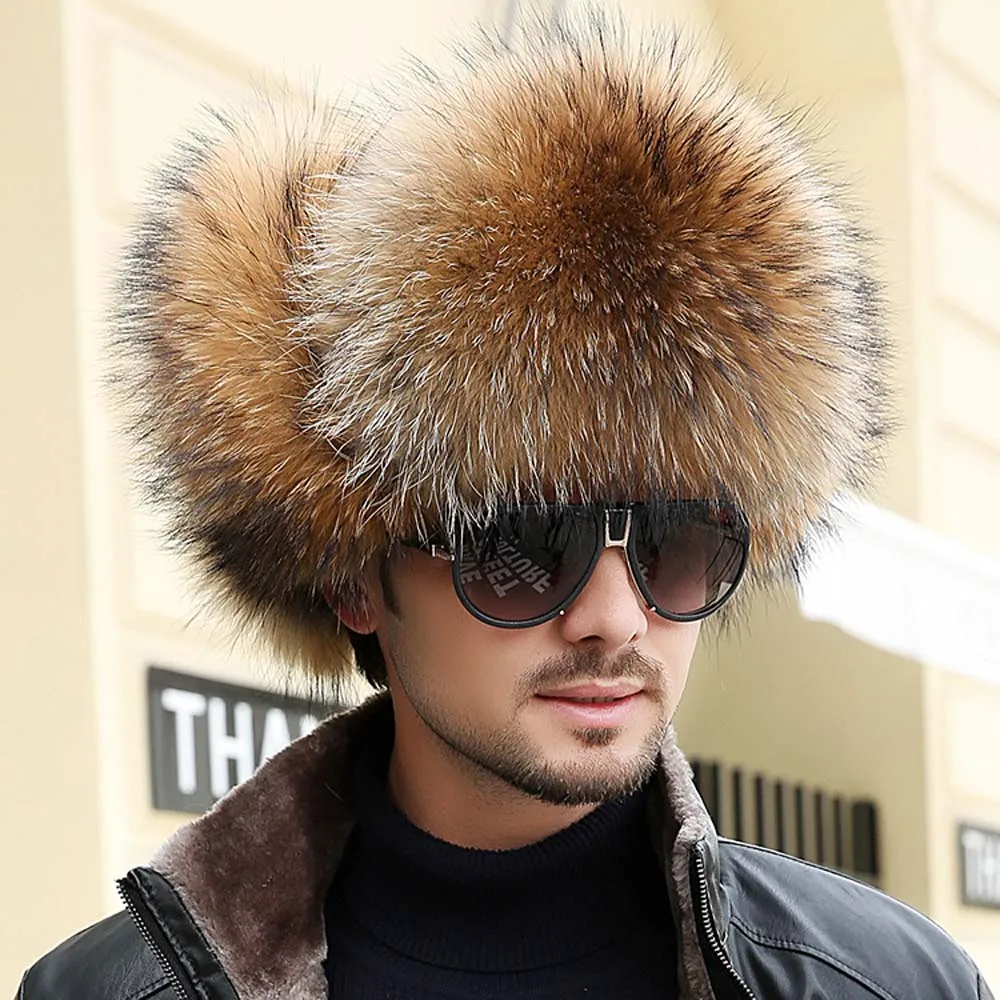 

100% Real Silver Fox Fur Winter Men's Raccoon Fur Cap Trapper Russian Man Real Leather Ski Hats Caps