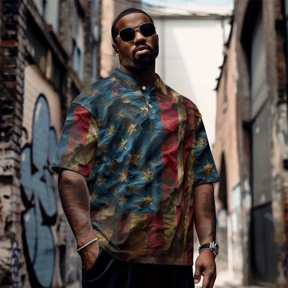 

Large men's summer short sleeved lapel Retro star-spangled banner printed short sleeves Daily casual button polo shirt