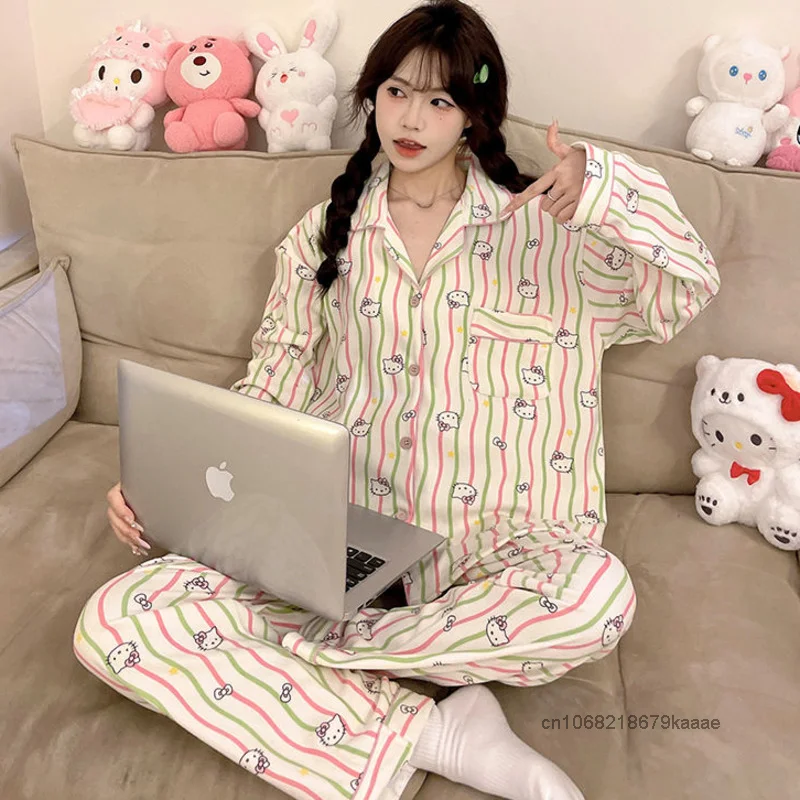 Sanrio Hello Kitty Autumn Winter Colorful Striped Pajamas Cute Print Long Sleeved Pants Velvet Sleepwear Sweet Y2k Girl Home Set