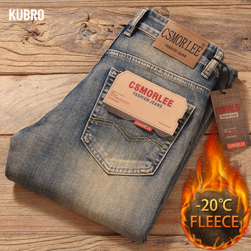 

Высококачественные мужские джинсы с плюшевой подкладкой в стиле ретро для мужчин, модные узкие прямые брюки с модными осенне-зимними длинными брюками