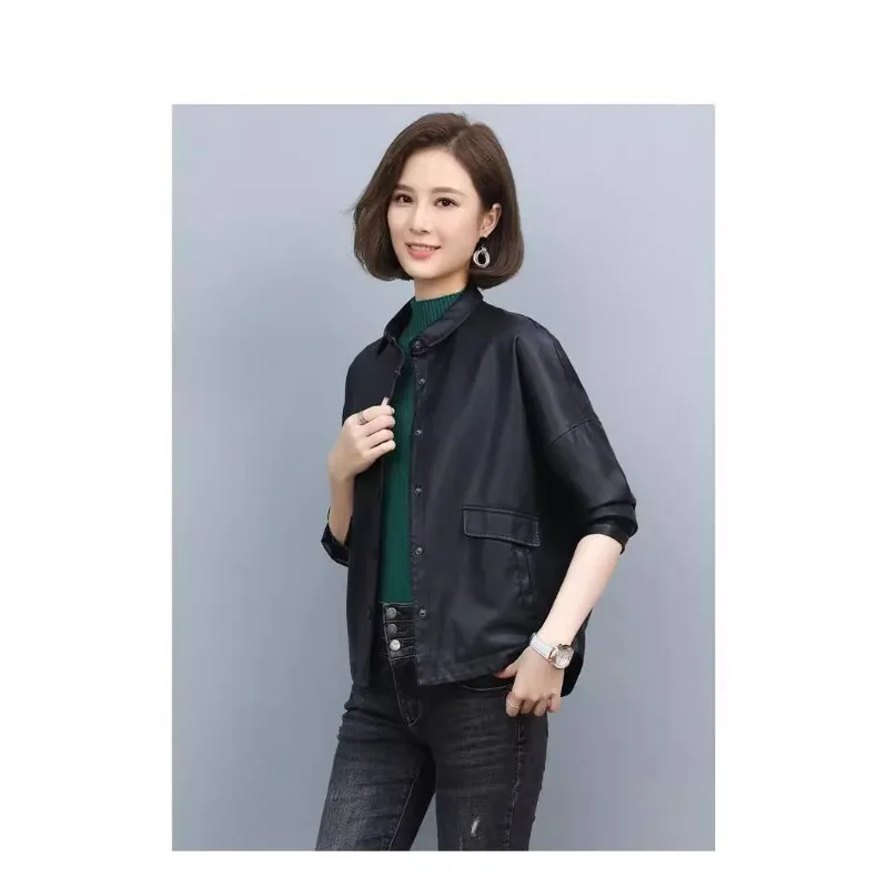 Jaqueta de couro feminina lapelas único breasted emendado bolso jaqueta primavera outono estilo fino moda tamanho grande casaco feminino