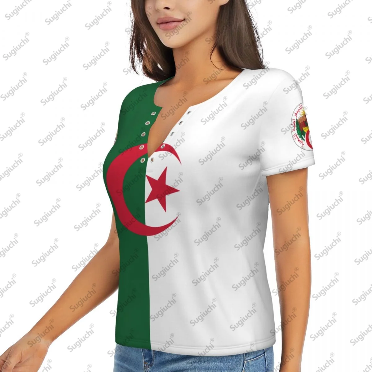 2025 Algeria Flag Sexy Deep V Neck Women 3D Short Sleeve Fashion Tees Female Clothing Tops Girl Casual Blouse Tees