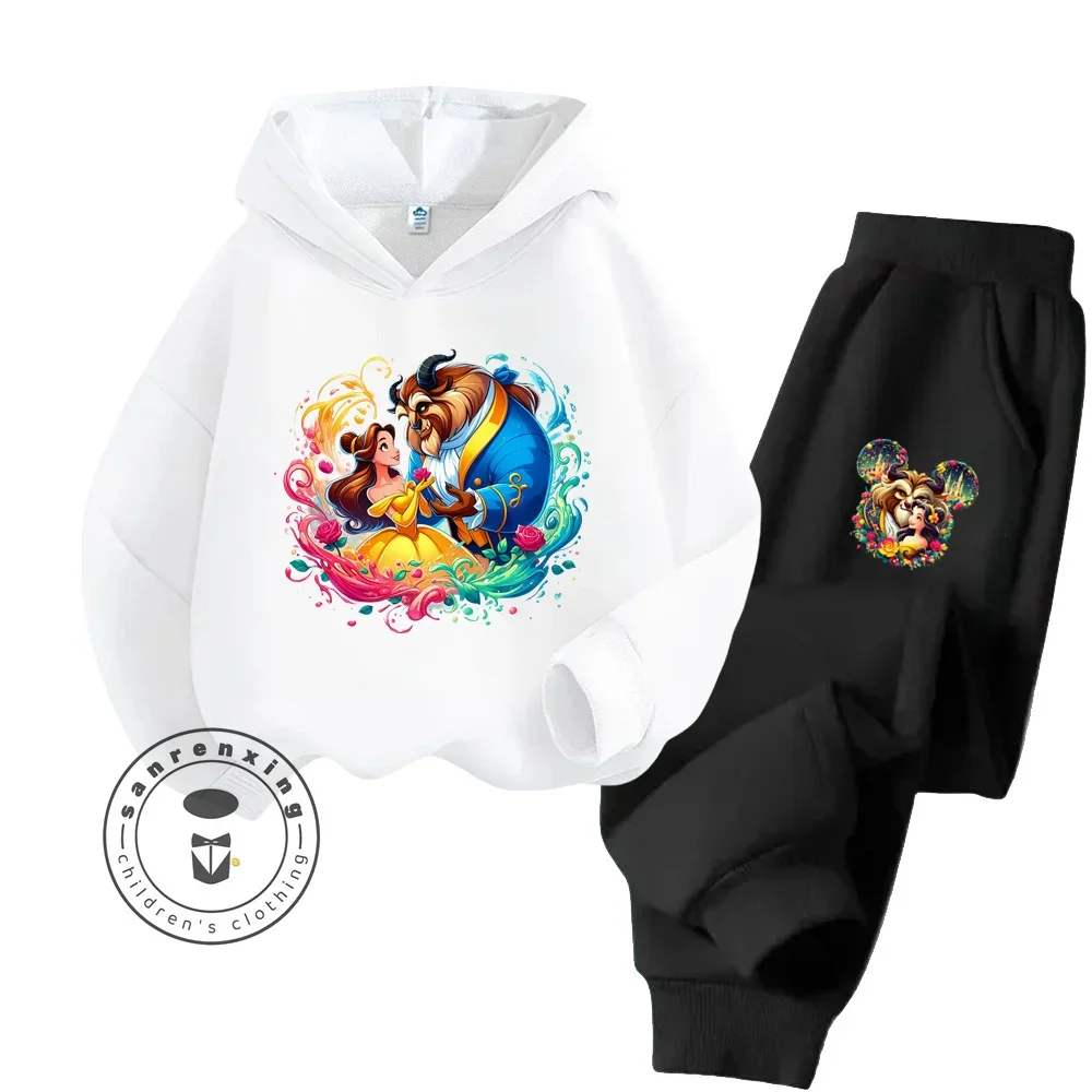 Cute Disney Cartoon Beauty and the Beast Outfit for Ages 3-14 Kids Lovely Kawaii Cartoon Prints Simple Chic Hoodie Tracksuit