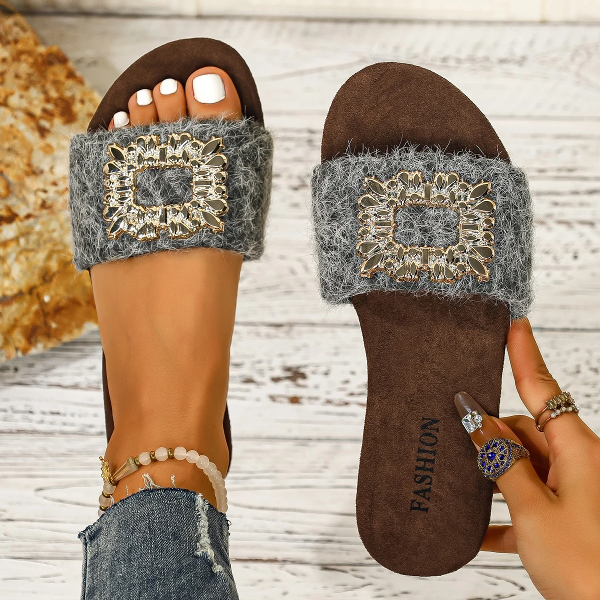 النساء النعال الصيف في الهواء الطلق الصنادل المسطحة الماس مزين الأحذية المنسوجة حجم كبير مريحة الانزلاق على النعال الشرائح النساء #3