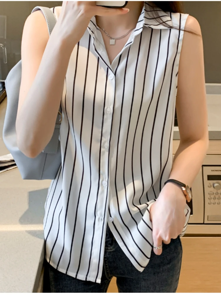 

Striped Women Shirts Summer Vest Womens Tops Chiffon Blouses for Women Sleeveless Fashion Clothes Woman Basic White Blouse Women