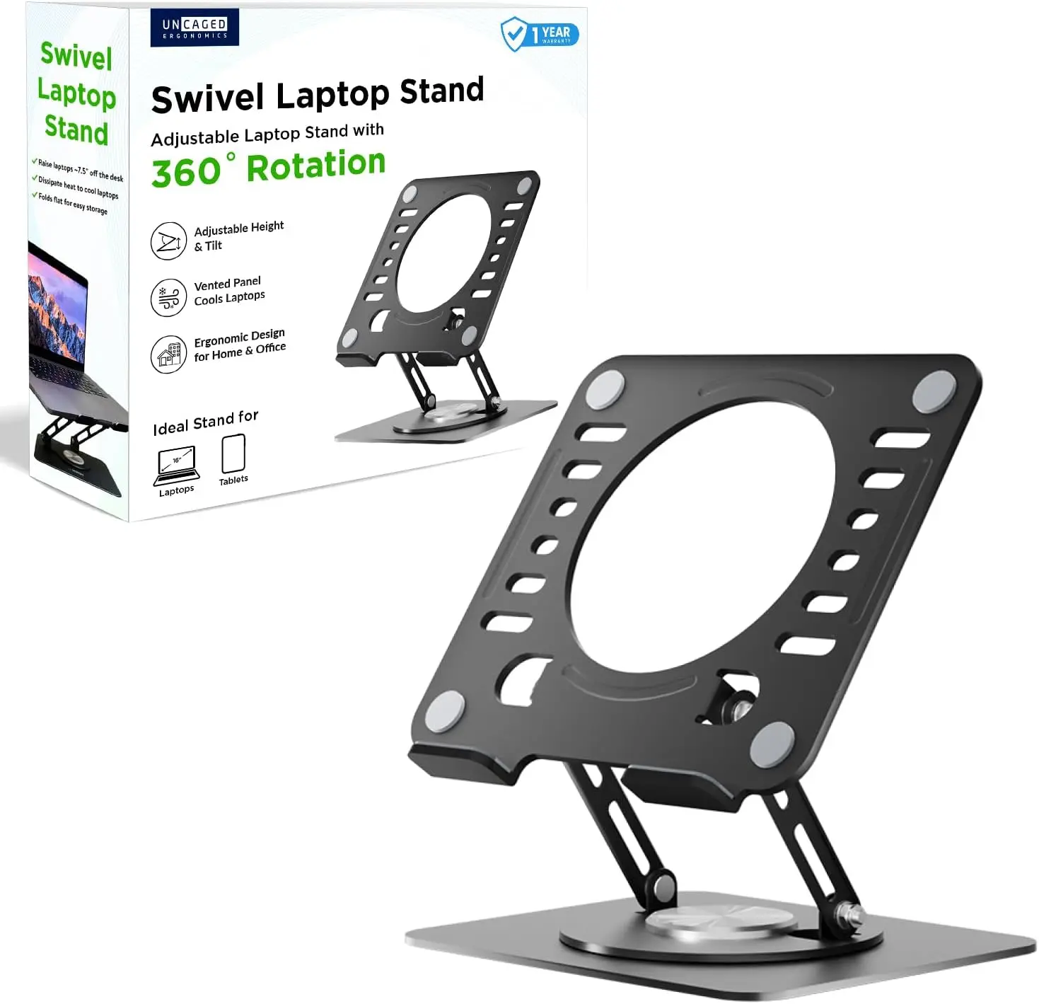 

Ergonomic Swivel Laptop Stand for Desk, Adjustable iPad Holder with 360 Rotation, Portable for Home Office (Black)