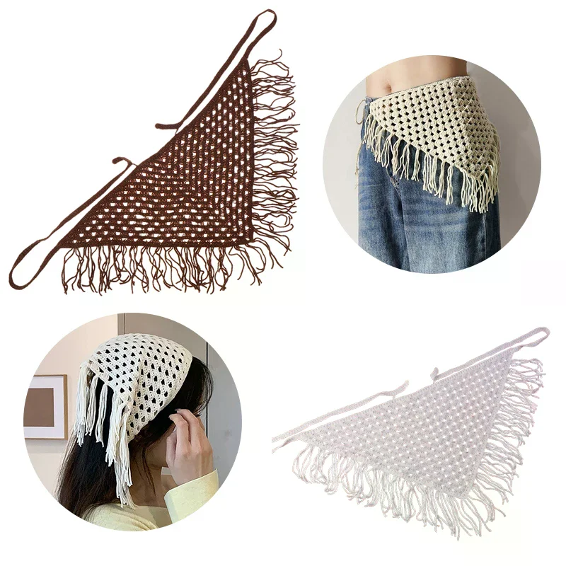 Y2k Hollow-Out Fringe Triangle Scarf for Women Spring Adjustable Layering Accessory Versatile Waist Hip Wrap Fashion Bandana