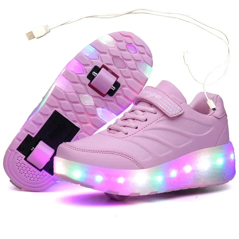 Ładowanie przez USB Czarne dwukołowe świecące trampki Led Light Roller Skate Shoes dla dzieci Buty LED dla chłopców i dziewczynek 28-43