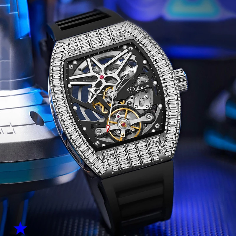    ساعات ميكانيكية أوتوماتيكية بمينا حجر الراين من Dulunwe للرجال ساعة توربيون فاخرة للرجال مقاومة للماء بحزام مطاطي