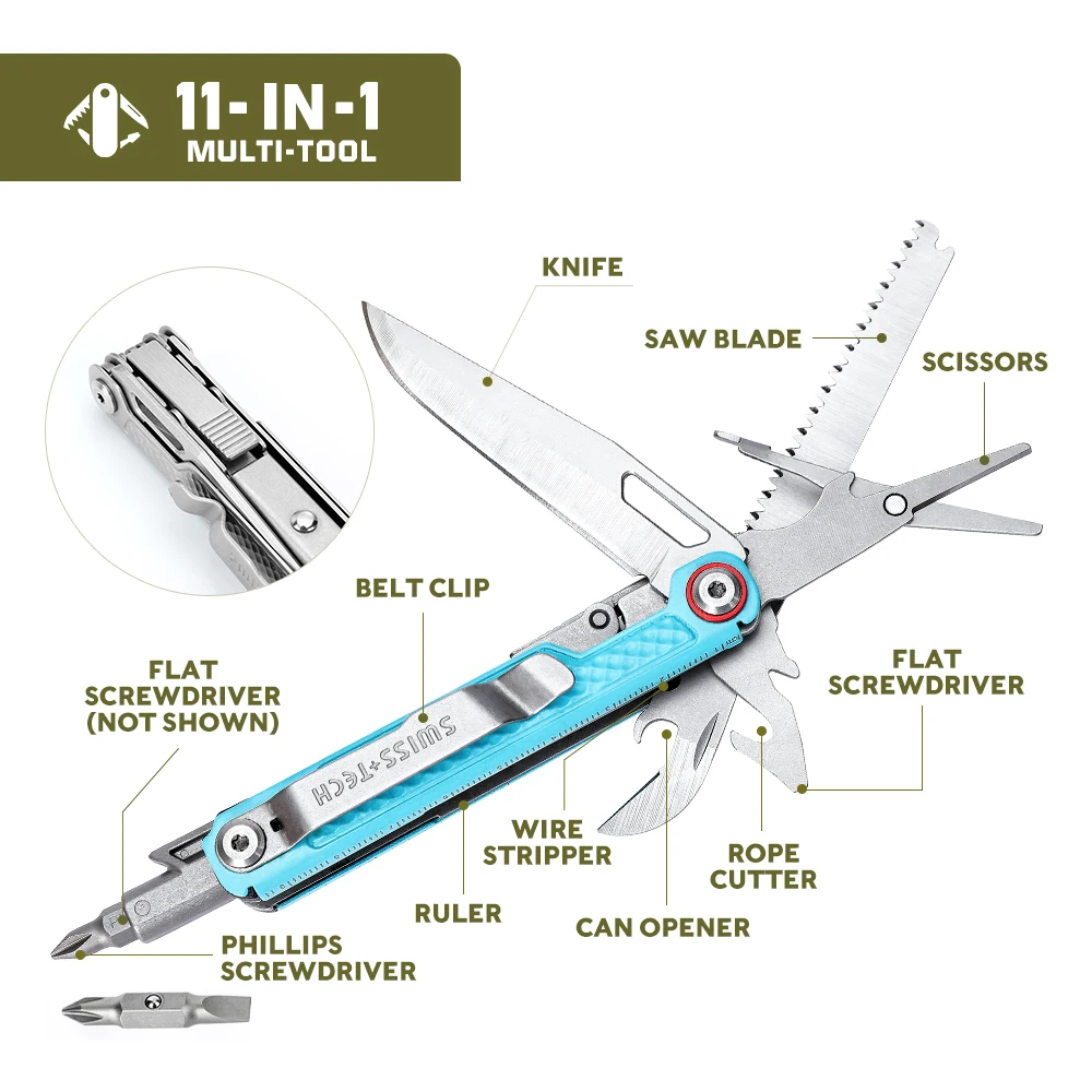 SWISS TECH 11-in-1 Multi-Tool Portable Folding Knife Mini Carry Outdoor EDC Tactical Camping Survival Tool Scissors