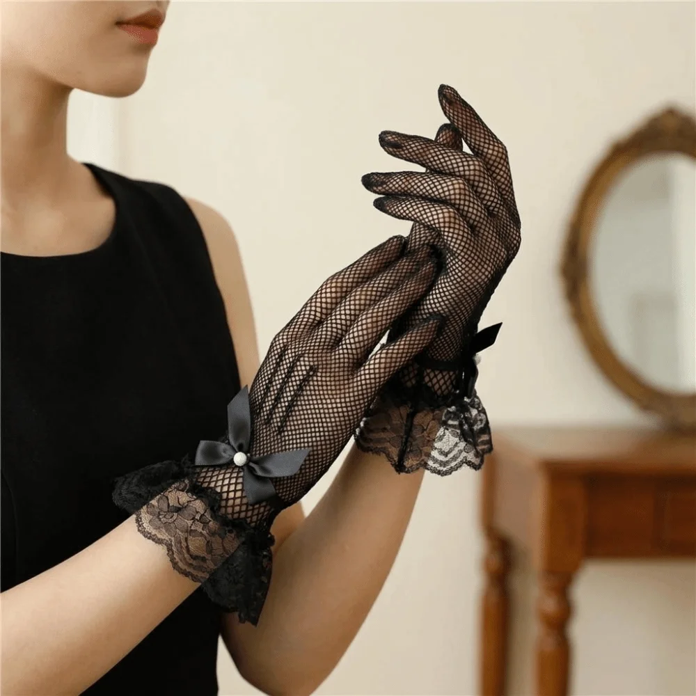 Fashion Lace Women Driving Gloves Five-finger Tie Fishnet Mittens Hollowout Pearls Wedding Gloves Summer