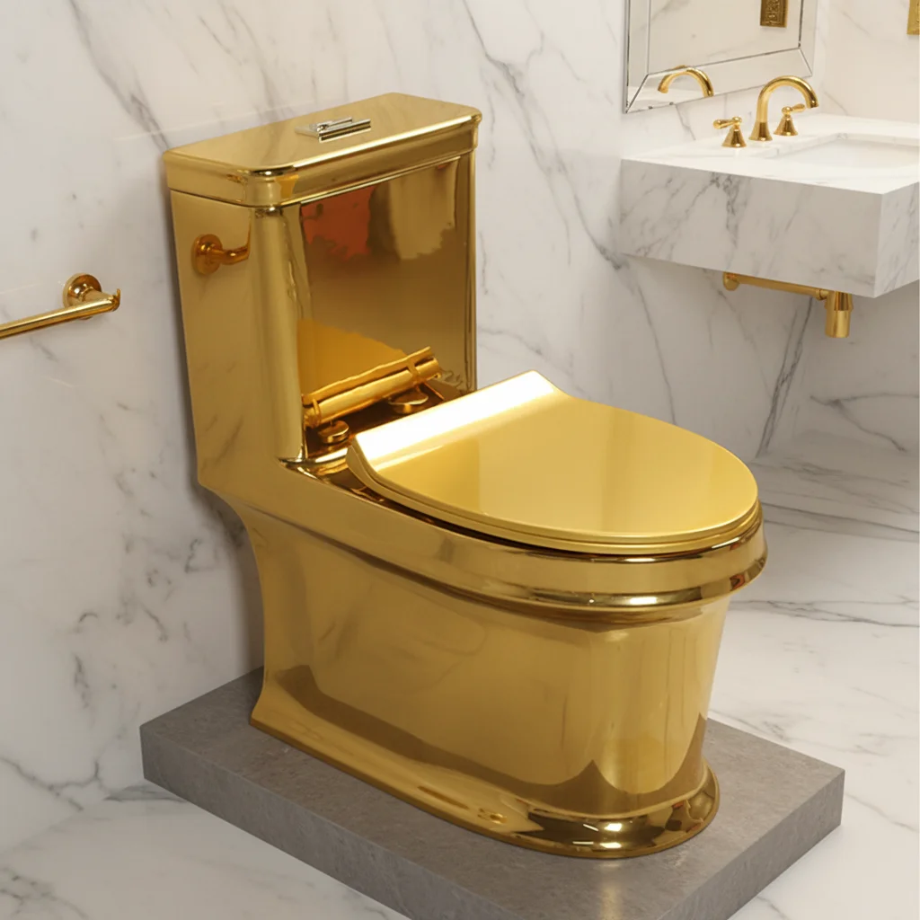 One Piece Toilet,Gold Plated Ceramic Elongated Toilet,Siphon Dual Flush Floor Mounted,Deodorization Bathroom