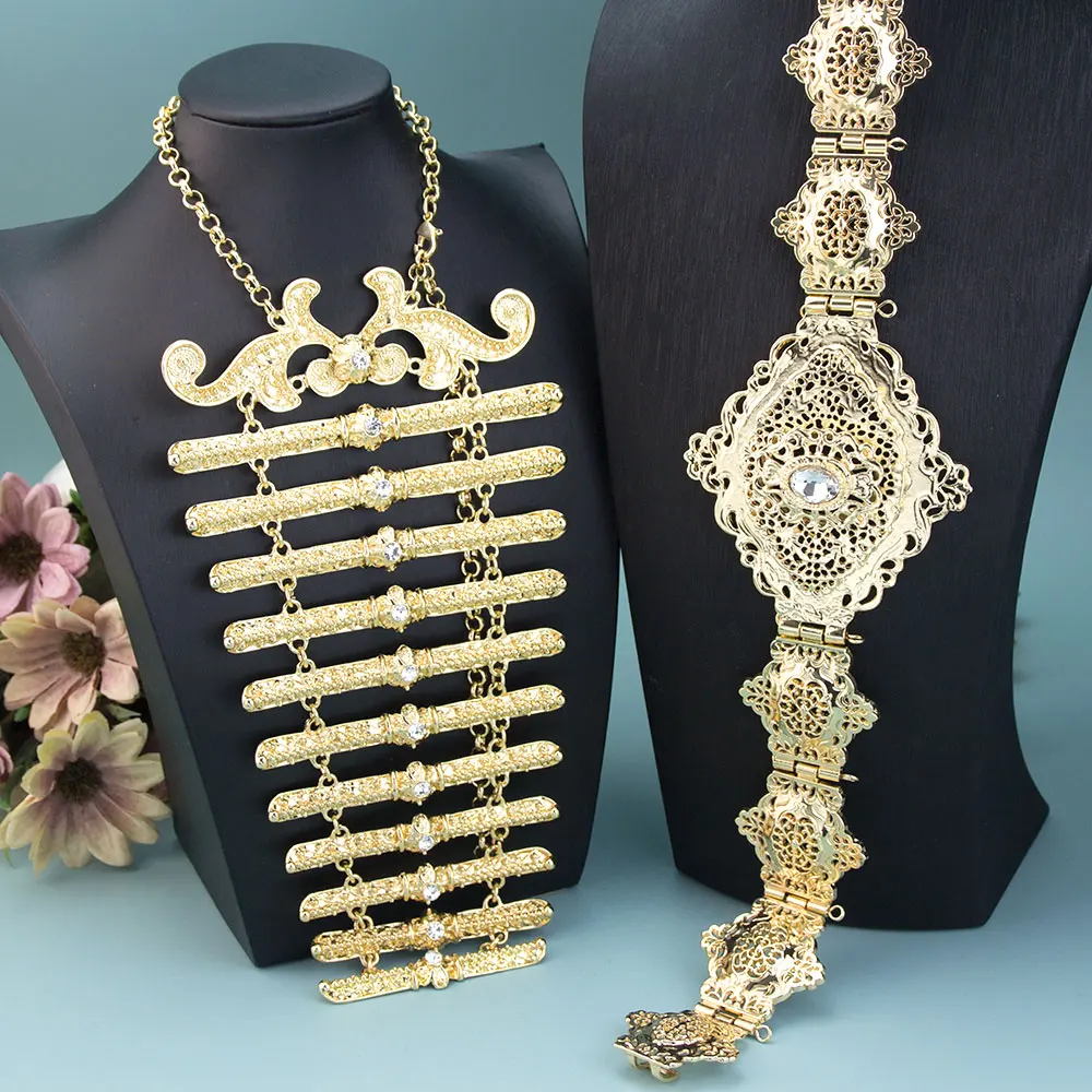 Sunspicems Gold Color Caucasus Kazakhs Bridal Belt Breastplate Wedding Jewelry Sets Metal Women Waist Chain Adjustable Length