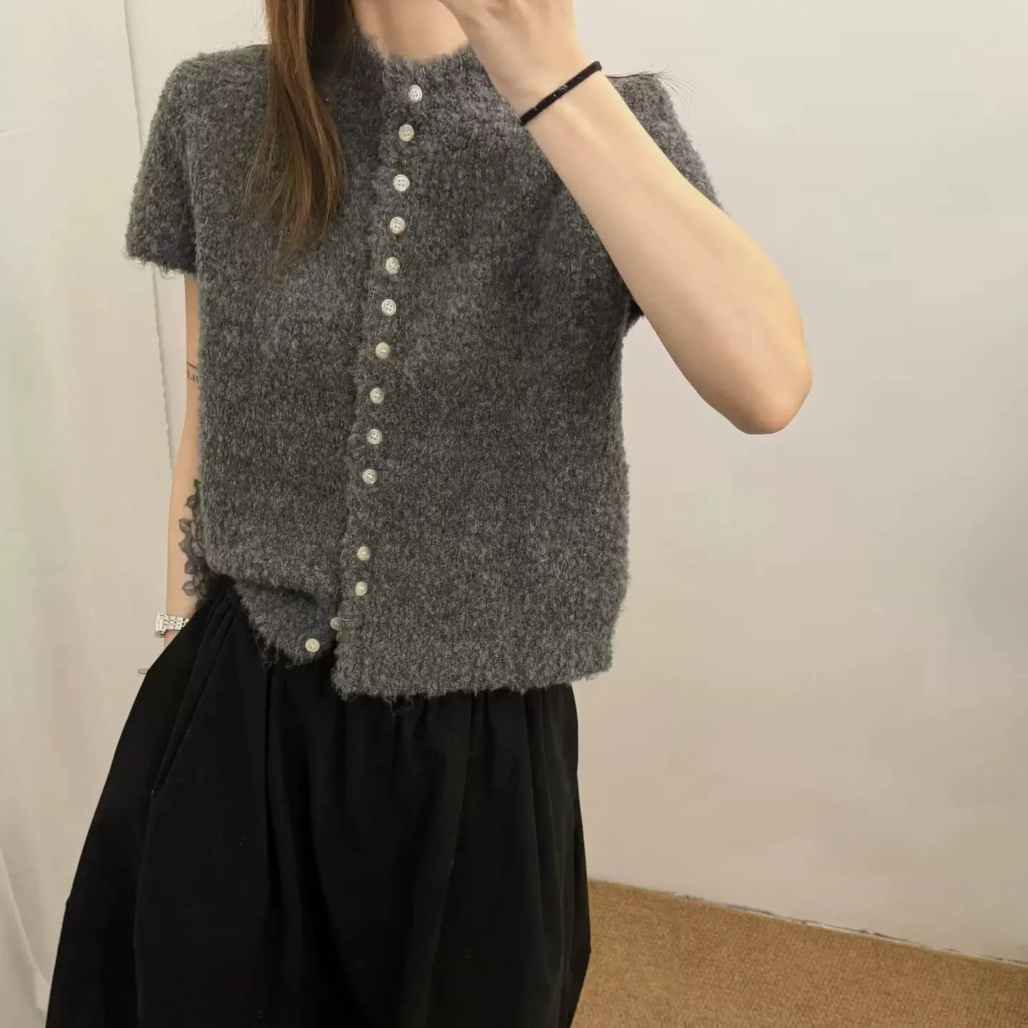 Korean Style Stand Collar Short Sleeve Knitted Open Cardigan Women's Slimming Versatile Sweater Elegant Fashion Top