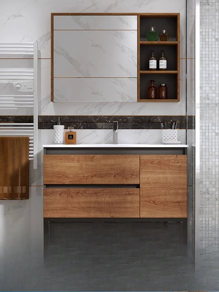 

Solid wood bathroom cabinet combination floor-to-ceiling face wash basin ceramic integrated basin toilet washstand