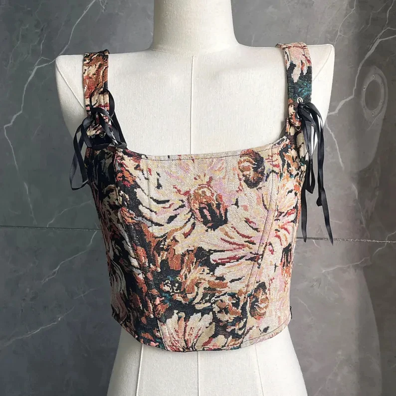 

Red floral embroidered corset top | French herringbone corset | Elegant niche herringbone corset | Western corset